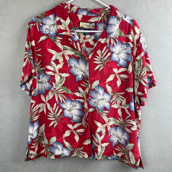 Havana Jack'S Cafe Tops - Vtg Havana Jacks Cafe XL Red Floral Hibiscus Rayon Hawaiian Camp Shirt Tropical